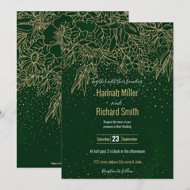 Niedliche Gold Floral Doodles & Confetti Green Des Einladung (Vorne/Hinten)