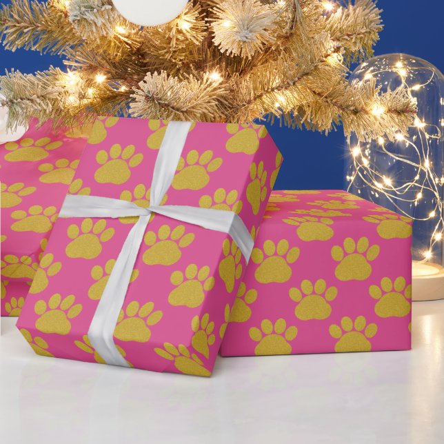 Niedliche Gold Glitzer Paw Prints Pet Lovers Pink Geschenkpapier (Feiertage)