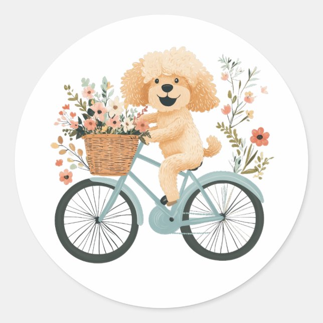Niedliche Goldendoodle Dog Biking Spring Blumen Runder Aufkleber (Vorderseite)