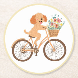 Niedliche Goldendoodle Dog Biking Spring Blumen Runder Pappuntersetzer