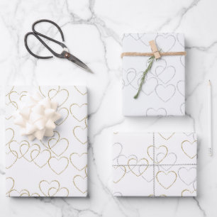 Niedliche goldene und silberne Herzklänge auf Weiß Geschenkpapier Set