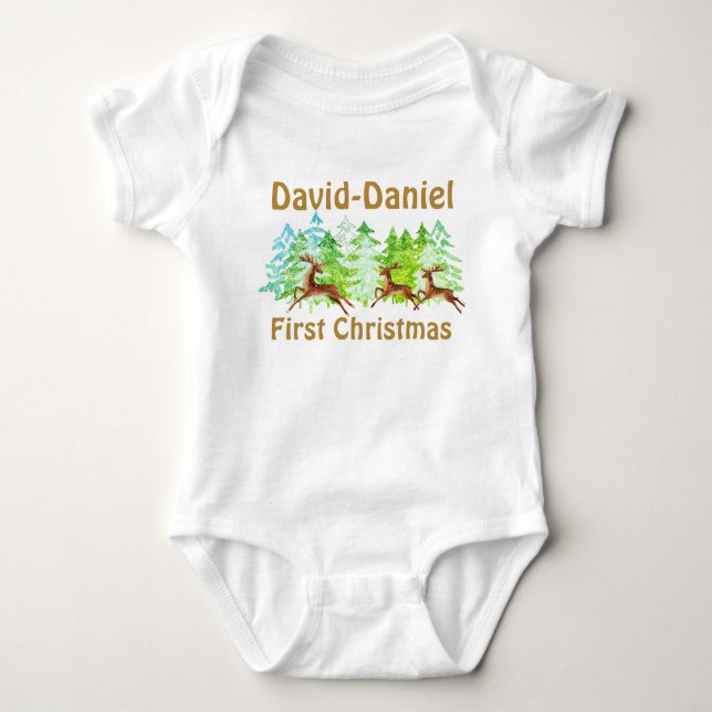 Niedliche goldgrüne Bäume Deers Baby First Christm Baby Strampler (Vorderseite)