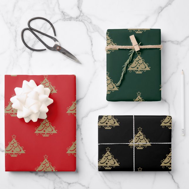 Niedliche goldrote dunkelgrüne und schwarze Weihna Geschenkpapier Set (Vorderseite)