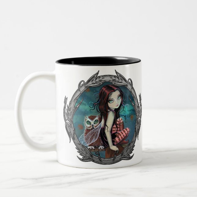 Niedliche Gotische Fairy and Owl Fantasy Kunst Tas Zweifarbige Tasse (Links)