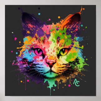 Niedliche Graffiti Neon Tinte Splash Katze Poster