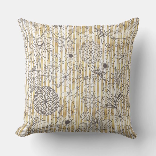 Niedliche Graue Blütendoodles Gold Streifen Design Kissen (Vorderseite)