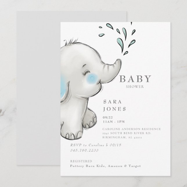 Niedliche Graue Elephant Baby Dusche Einladung (Vorne/Hinten)