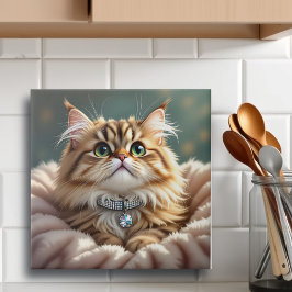 Niedliche graue Fluffy Tabby Katze mit Diamond Col Fliese