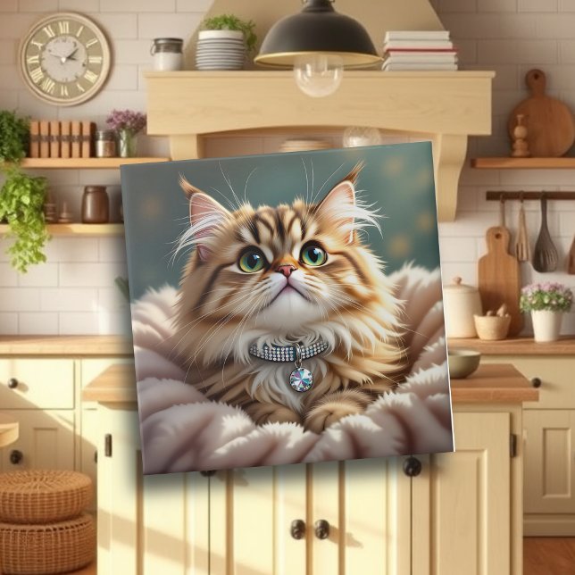 Niedliche graue Fluffy Tabby Katze mit Diamond Col Fliese (Von Creator hochgeladen)