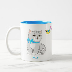 Niedliche graue getigerte Kätzchen & kleiner Vogel Zweifarbige Tasse