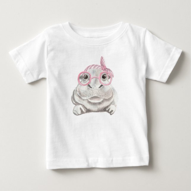 NIEDLICHE Graue HIPPO MIT PINKHAT UND CUP Baby T-shirt (Vorderseite)