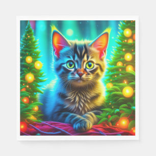 Niedliche graue Kätzchen mit Weihnachtsbäumen Serviette