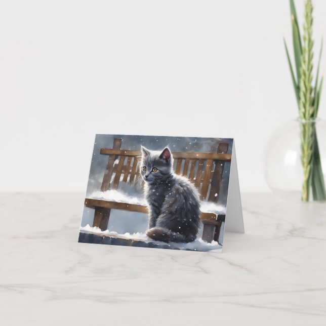 Niedliche graue Katze auf der Bank im Snow Blank G Karte (Vorderseite)