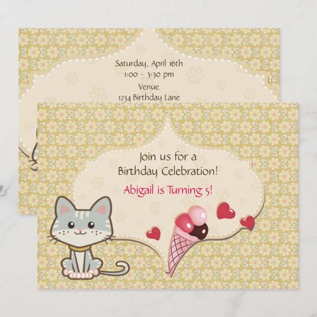 Niedliche graue Katze, Eiscreme und Blume Geburtst Einladung (Vorne/Hinten)