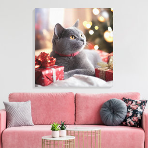 Niedliche graue Katze feiert Weihnachten Leinwanddruck
