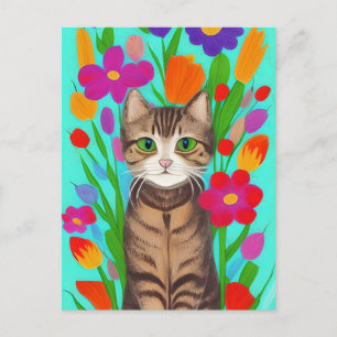 Niedliche graue Katze mit farbenfrohen Blumen Postkarte