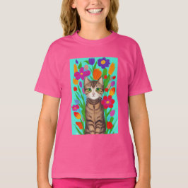 Niedliche graue Katze mit farbigen Blume T-Shirt