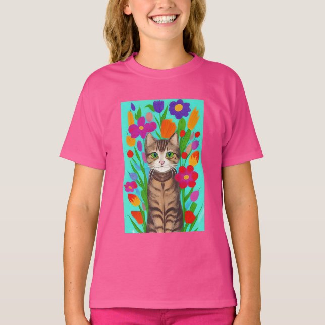 Niedliche graue Katze mit farbigen Blume T-Shirt (Vorderseite)