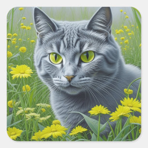 Niedliche graue Katze mit gelben Augen Ai Art Quadratischer Aufkleber