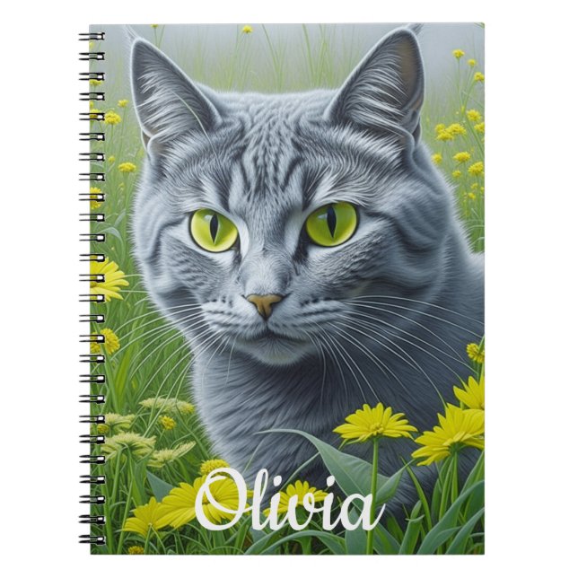 Niedliche graue Katze mit gelben Augen Personalisi Notizblock (Vorderseite)