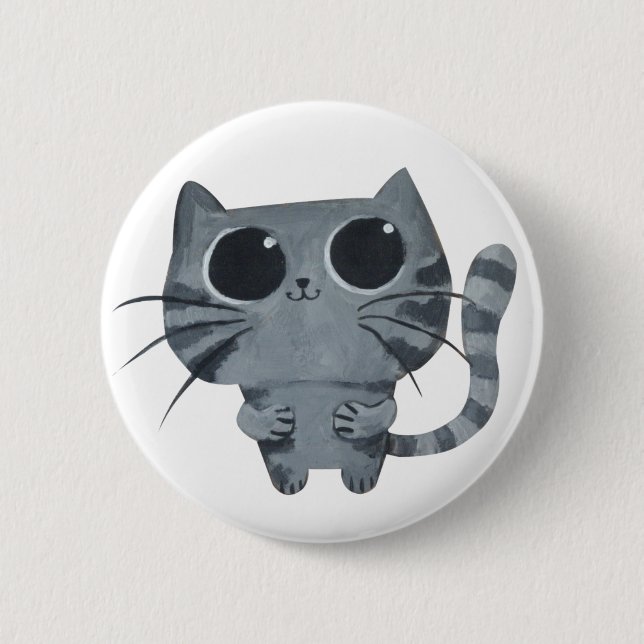 Niedliche graue Katze mit großen schwarzen Augen Button (Vorderseite)