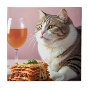Niedliche graue Katze mit Lasagna und Weinglas Fliese