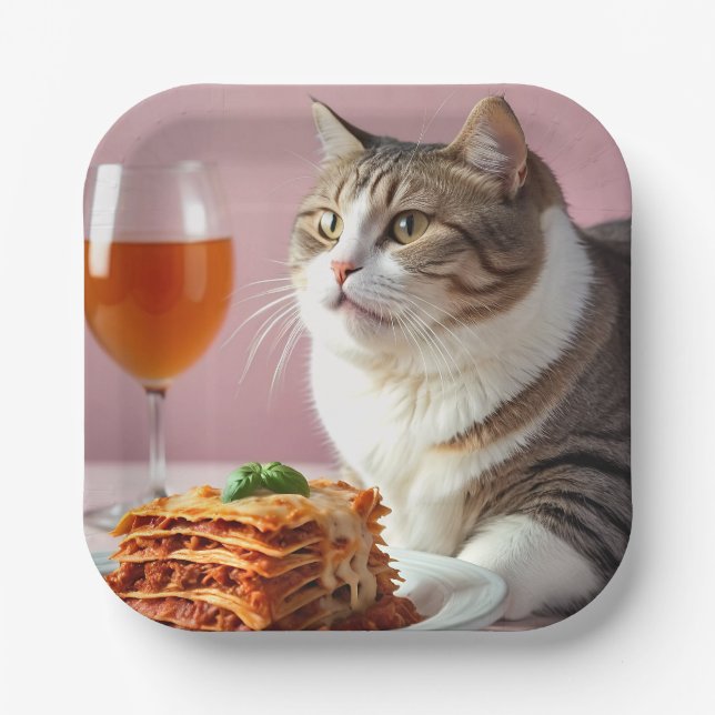 Niedliche graue Katze mit Lasagna und Weinglas Pappteller (Vorderseite)