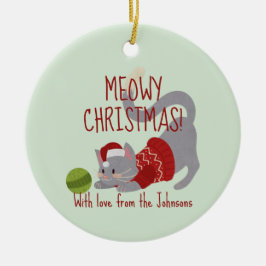 Niedliche graue Katze mit Weihnachtshut Keramik Ornament