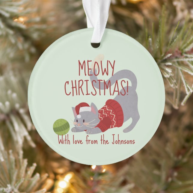 Niedliche graue Katze mit Weihnachtshut Ornament (Baum)