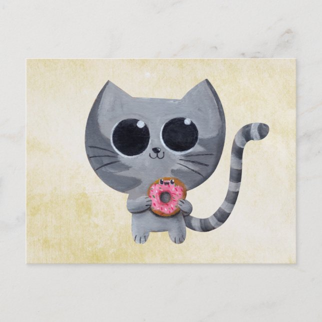 Niedliche graue Katze und Donut Postkarte (Vorderseite)
