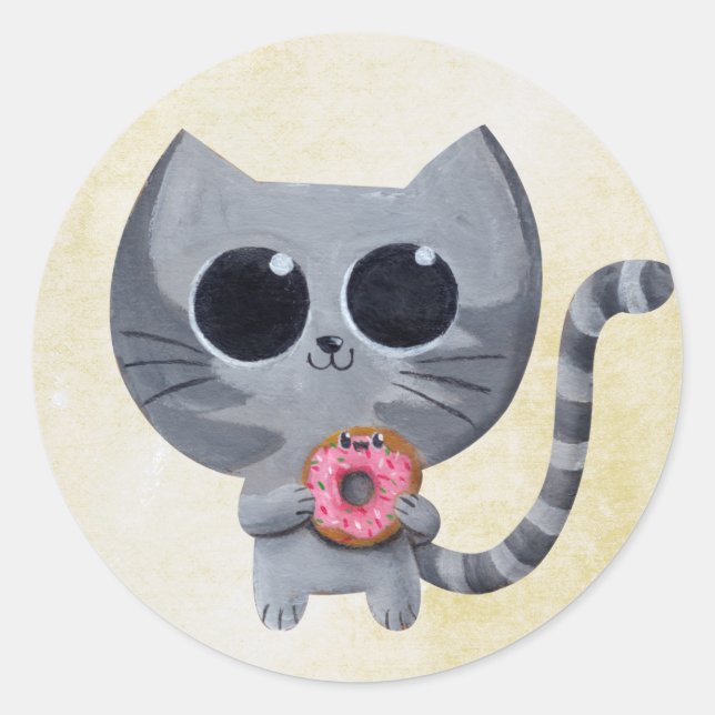Niedliche graue Katze und Donut Runder Aufkleber (Vorderseite)