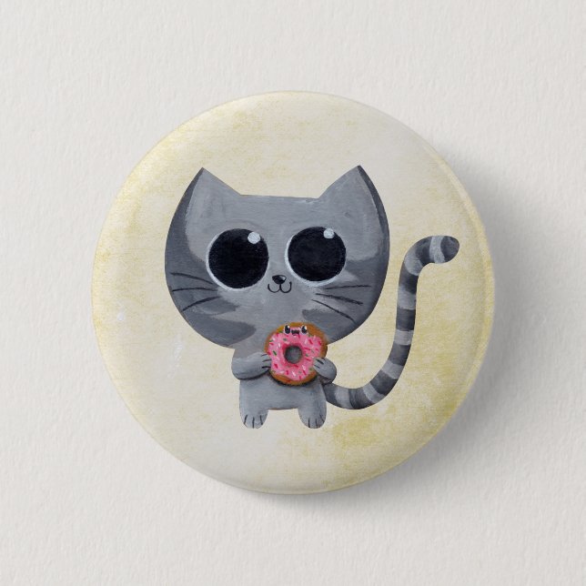 Niedliche graue Katze und Krapfen Button (Vorderseite)