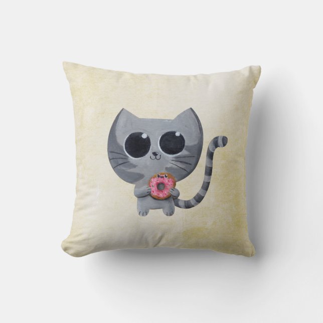Niedliche graue Katze und Krapfen Kissen (Vorderseite)