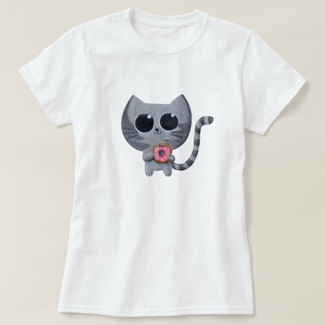 Niedliche graue Katze und Krapfen T-Shirt (Design vorne)