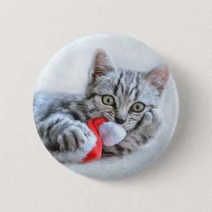 Niedliche graue Tabby Cat mit Weihnachtsmütze Weih Button