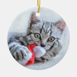 Niedliche graue Tabby Cat mit Weihnachtsmütze Weih Keramik Ornament