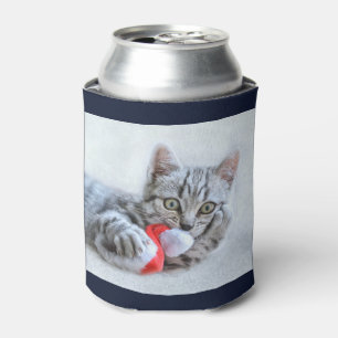 Niedliche graue Tabby-Katze mit Dosenkühler