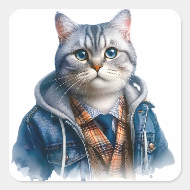 Niedliche graue Tablettenkatze mit blauen Augen Quadratischer Aufkleber (Vorderseite)