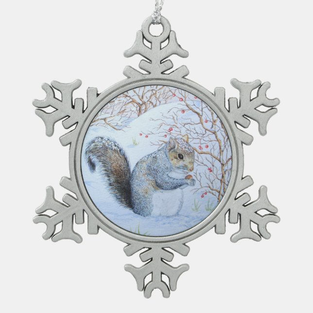 niedliche Grauschnee-Szene Wildlife Art Schneeflocken Zinn-Ornament (Vorderseite)
