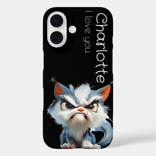 Niedliche grauwütende Cartoon Katzen Name iPhone 16 Hülle (Rückseite)