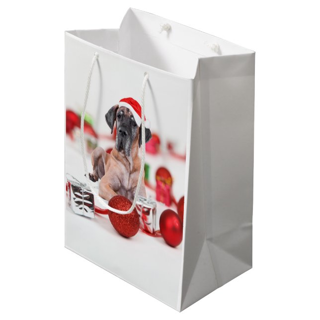 Niedliche Great Dane Hund Weihnachten Weihnachtsma Mittlere Geschenktüte (Vorderseite Schrägansicht)