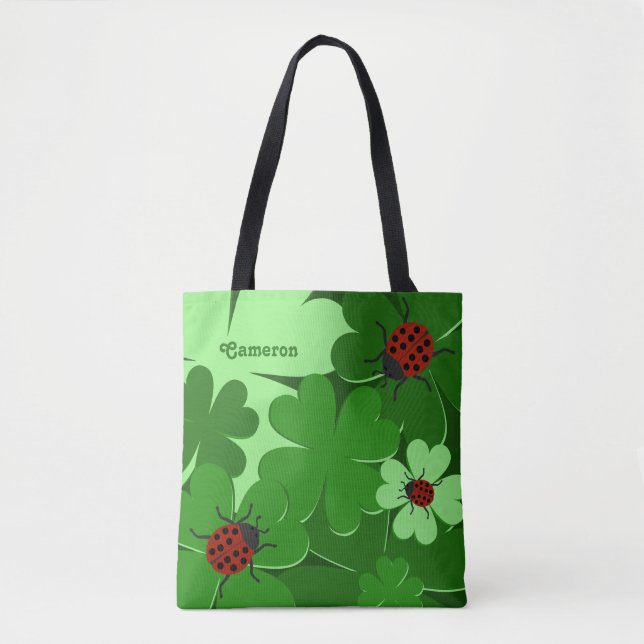 Niedliche Green Clover Blätter Ladybug Name Tote T Tasche (Vorderseite)