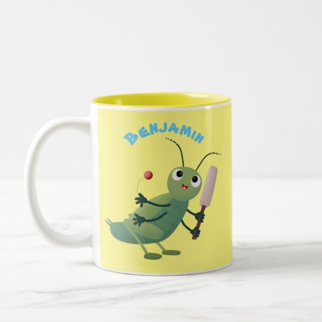 Niedliche Green Cricket Insekt Cartoon-Abbildung Zweifarbige Tasse (Links)