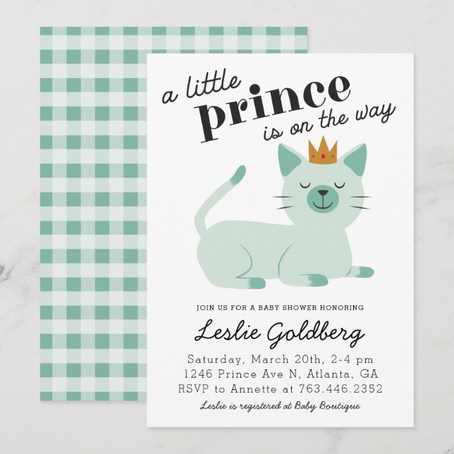 Niedliche Green Prince Kitty Cat Kinderdusche Einladung (Vorne/Hinten)