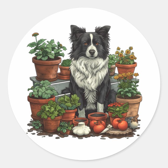 Niedliche Grenz-Collie-Gartenarbeit Runder Aufkleber (Vorderseite)
