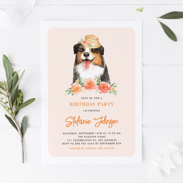 Niedliche Grenz-Collie Peach Floral Kindergeburtst Einladung (Von Creator hochgeladen)