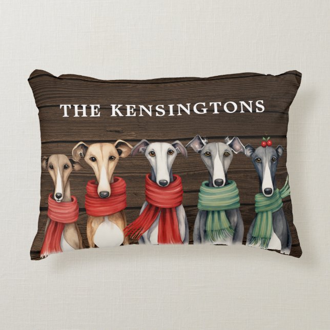 Niedliche Greyhound Hunde mit Winterskarven Dekokissen (Vorderseite)