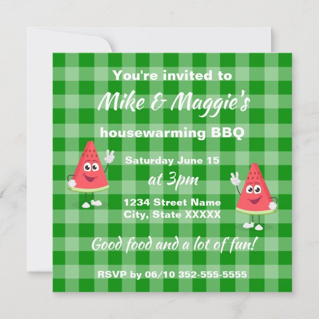 Niedliche GRILLEN Watermelon Printable Housewarmin Einladung (Vorderseite)