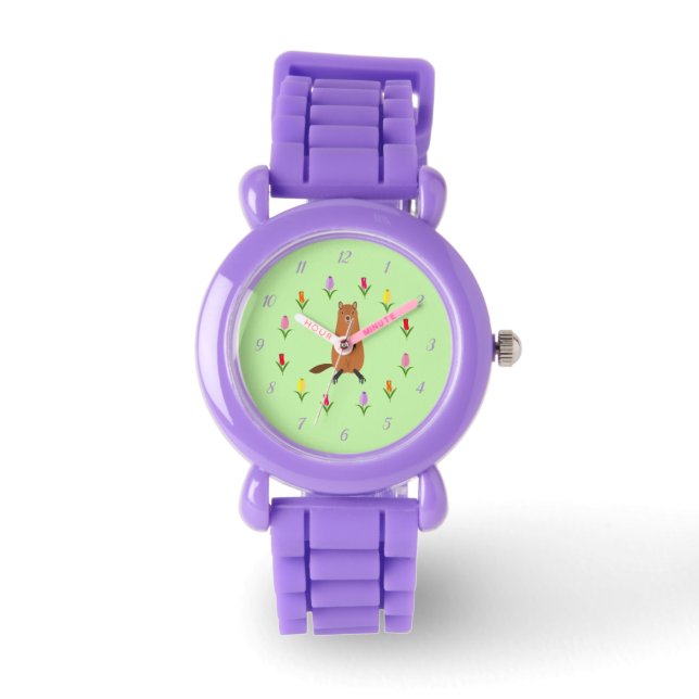 Niedliche Groundhog- und Tulip-Blume Armbanduhr (Vorderseite)