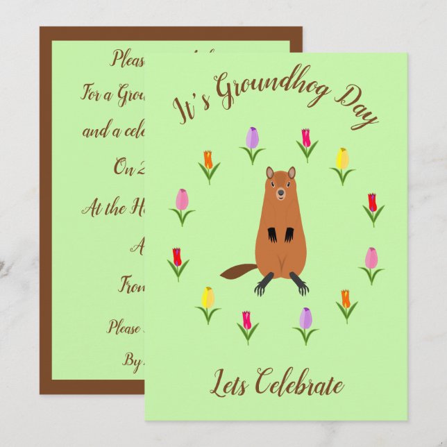 Niedliche Groundhog- und Tulip-Blume Einladung (Vorne/Hinten)